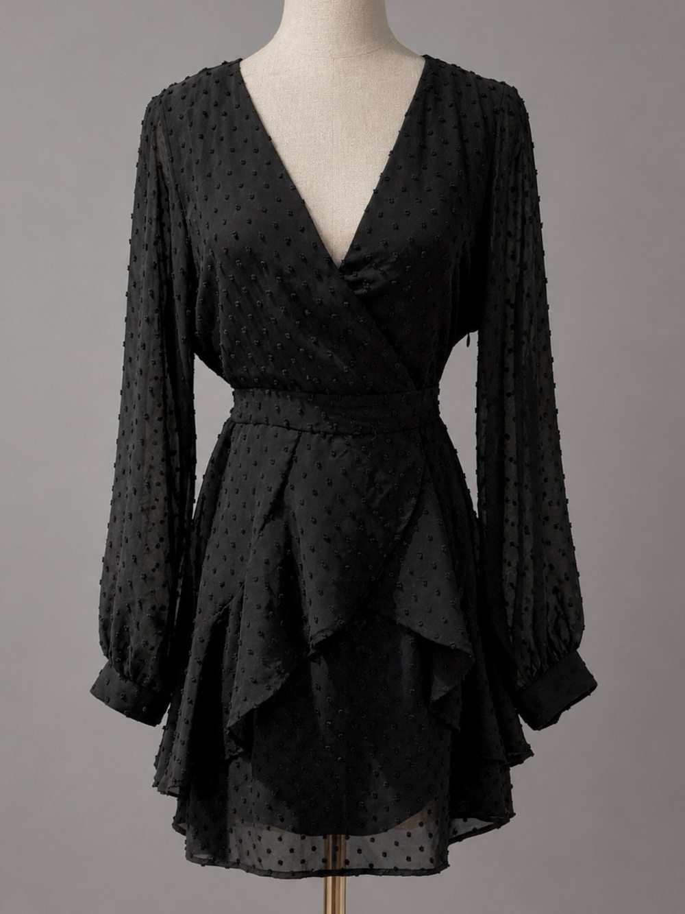 Black Swiss Dot Sheer Ruffle Tie Waist Mini Dress S/M